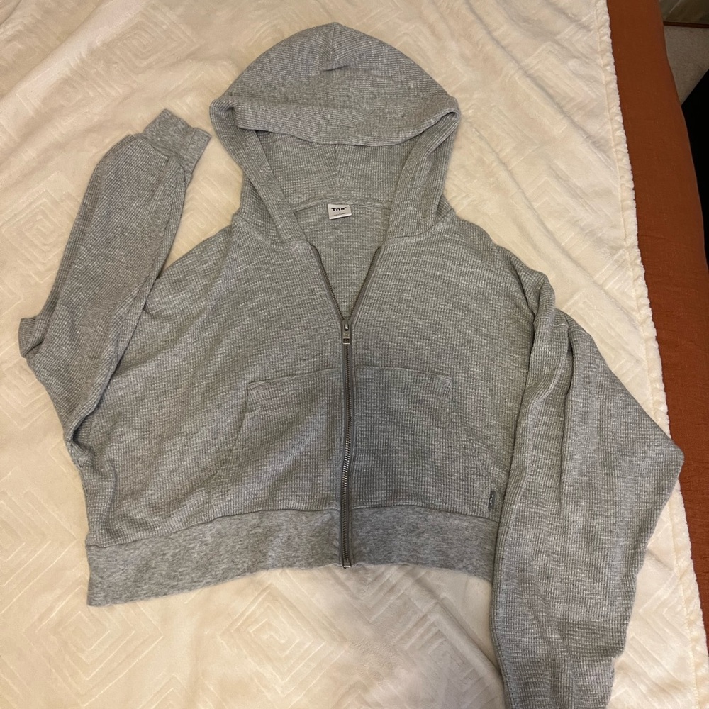 TNA Oversized Cropped Waffle Zip Up Hoodie